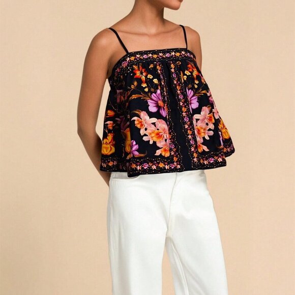 Black Boho Women's Floral Print Loose Camisole Tank Top - Picture 3 of 6